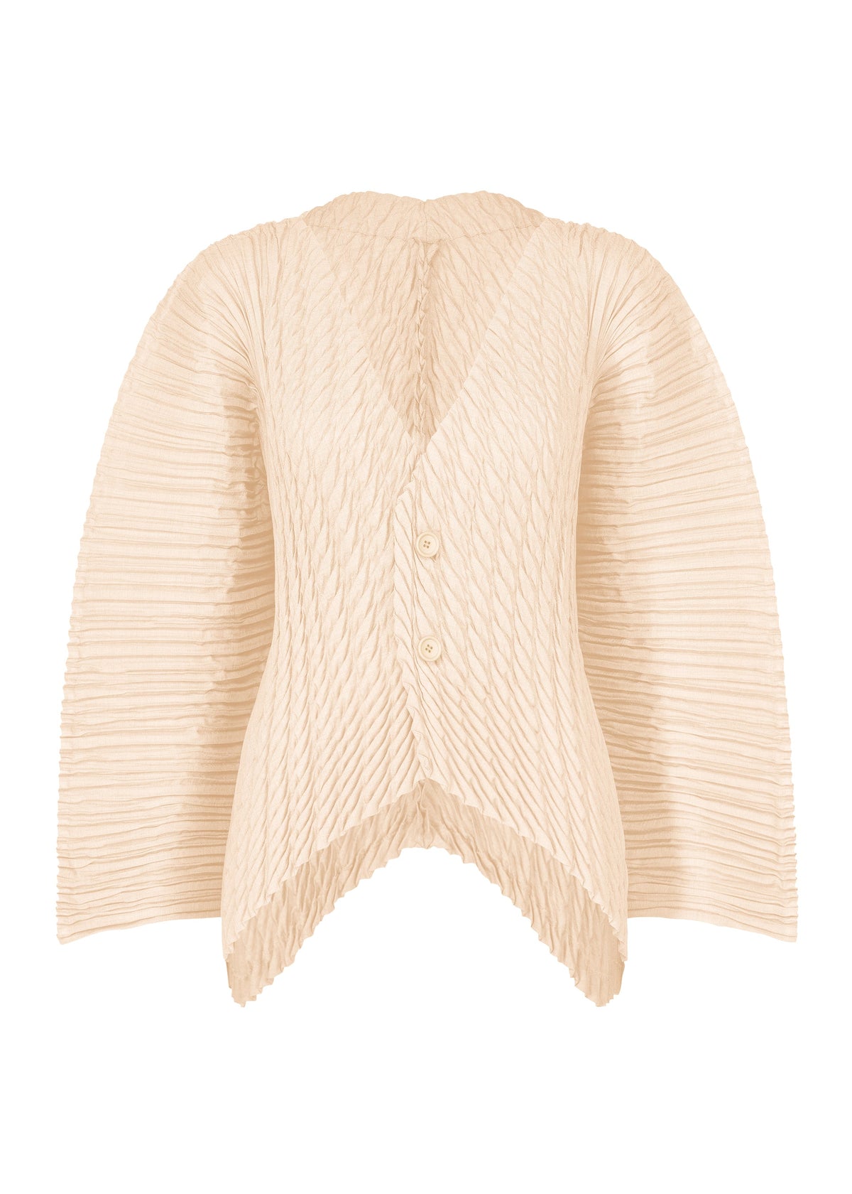 A product shot of the ISSEY MIYAKE UNFURLING PLEATS cardigan in off-white.