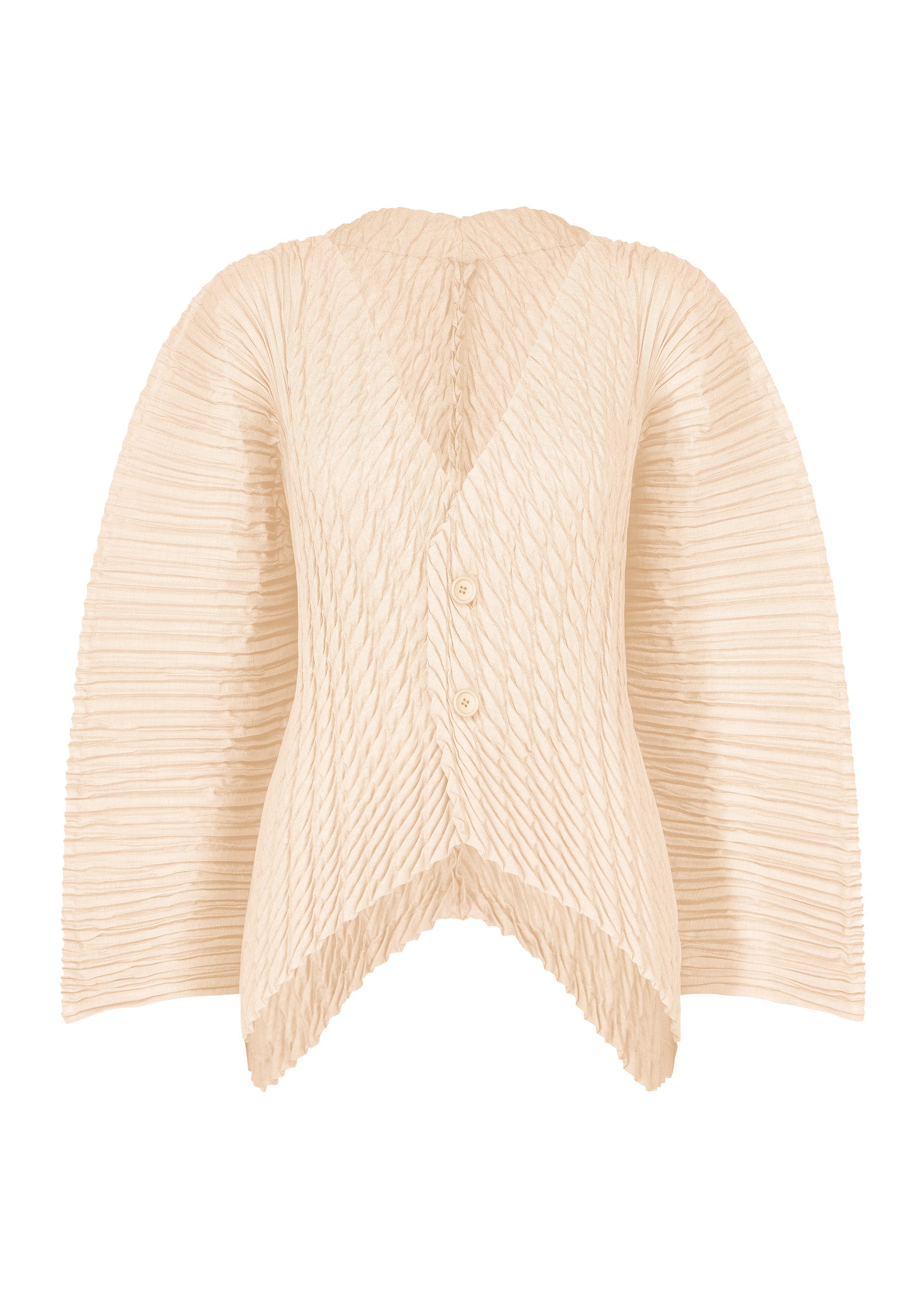 A product shot of the ISSEY MIYAKE UNFURLING PLEATS cardigan in off-white.