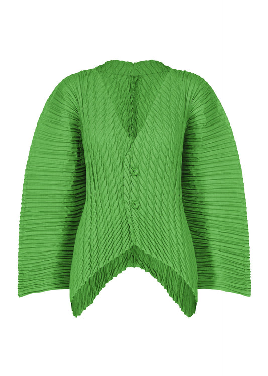 A product shot of the ISSEY MIYAKE UNFURLING PLEATS cardigan in green.