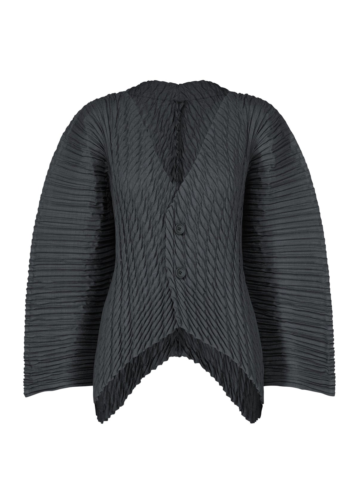 A product shot of the ISSEY MIYAKE UNFURLING PLEATS cardigan in dark navy.
