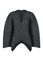 A product shot of the ISSEY MIYAKE UNFURLING PLEATS cardigan in dark navy.