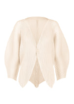 A product shot of the ISSEY MIYAKE LEAF PLEATS cardigan in off-white.
