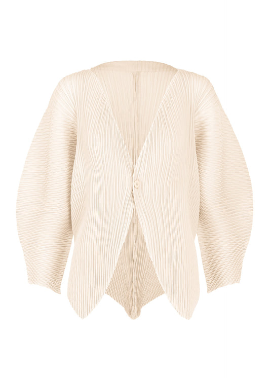A product shot of the ISSEY MIYAKE LEAF PLEATS cardigan in off-white.
