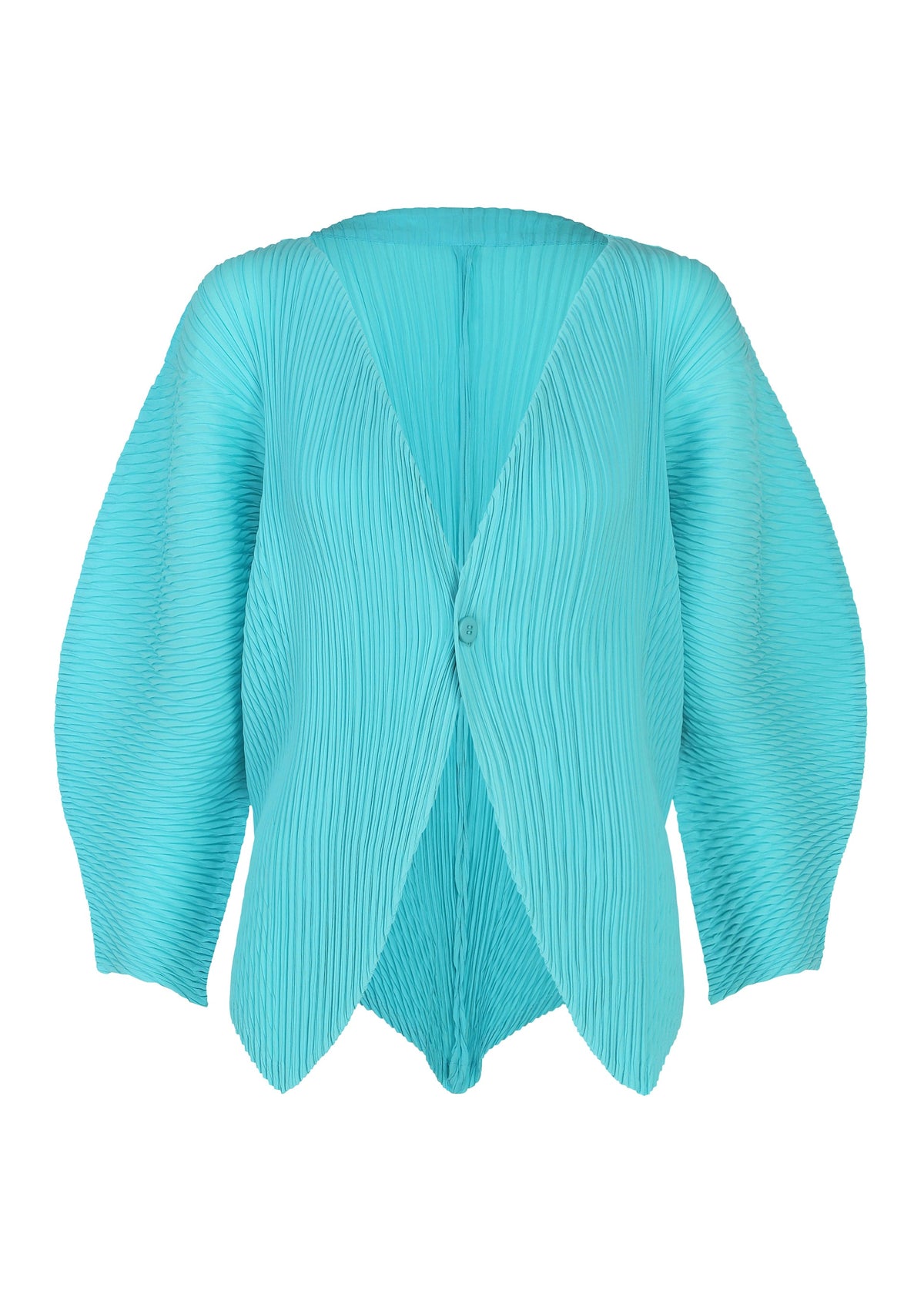 A product shot of the ISSEY MIYAKE LEAF PLEATS cardigan in light blue.