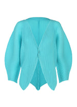 A product shot of the ISSEY MIYAKE LEAF PLEATS cardigan in light blue.