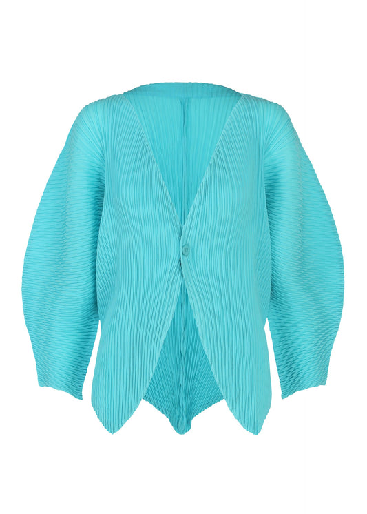 A product shot of the ISSEY MIYAKE LEAF PLEATS cardigan in light blue.