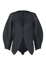 A product shot of the ISSEY MIYAKE LEAF PLEATS cardigan in dark navy.
