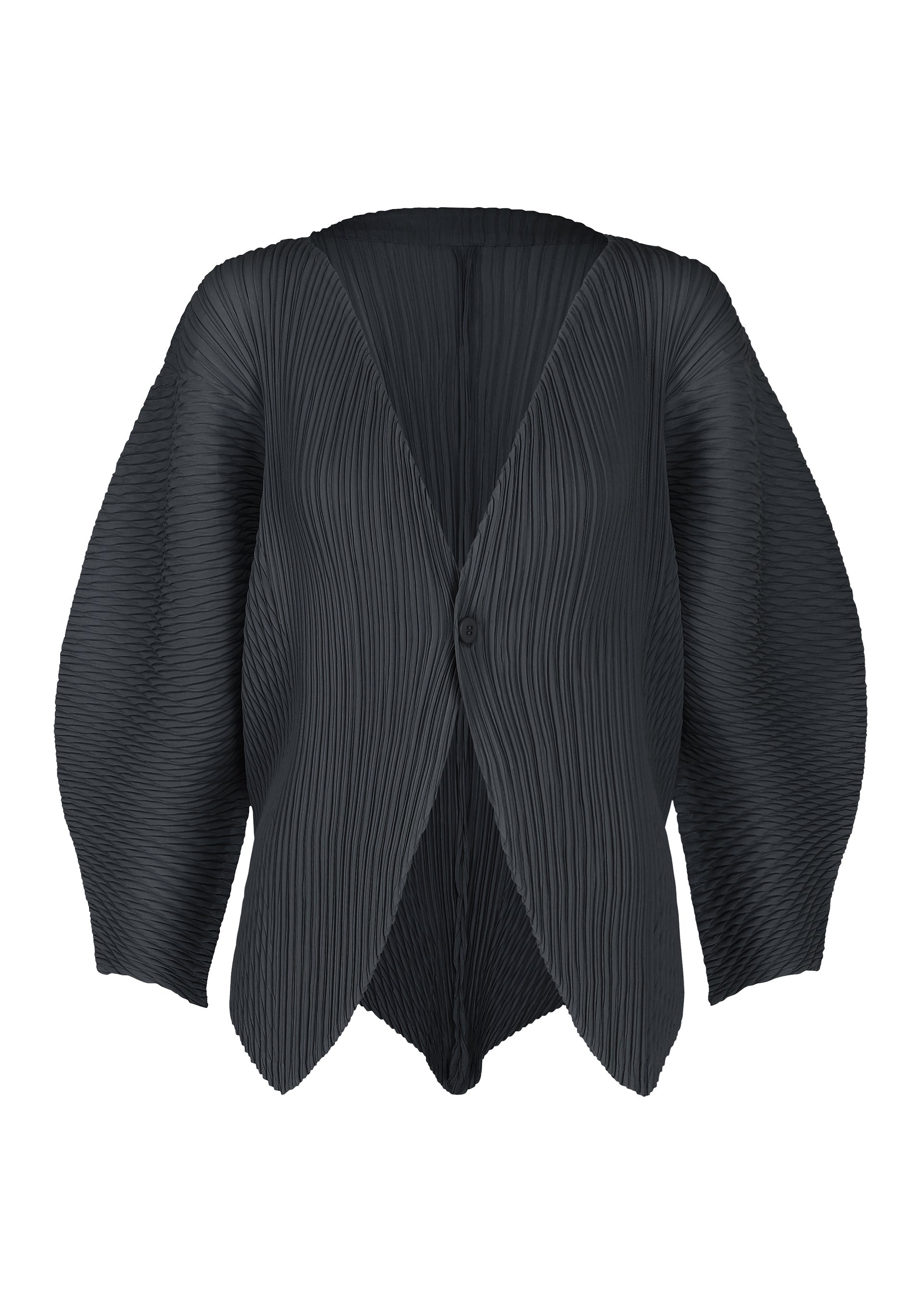 A product shot of the ISSEY MIYAKE LEAF PLEATS cardigan in dark navy.