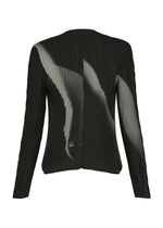 A detail shot of the ISSEY MIYAKE HANDS OF LOVER PLEATS cardigan.