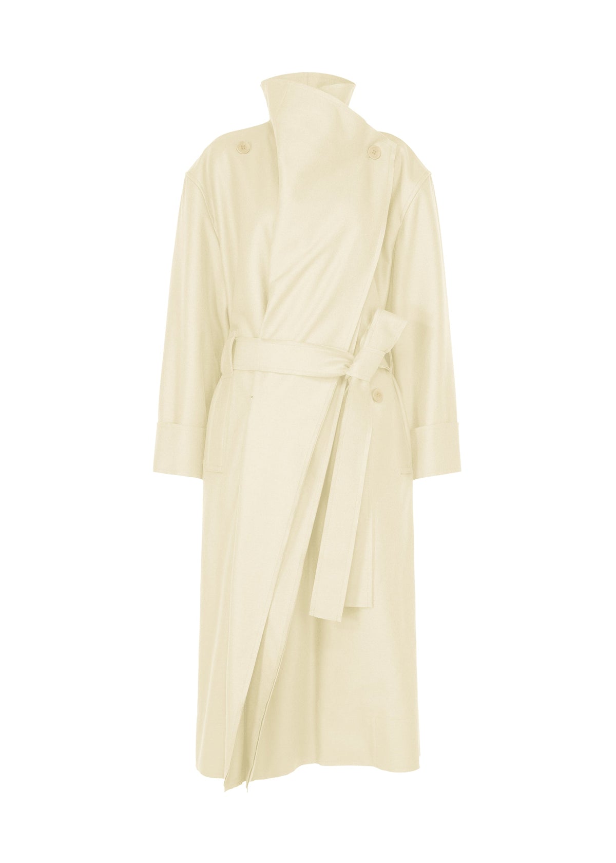 A product shot of the ISSEY MIYAKE SHELL coat in off-white.