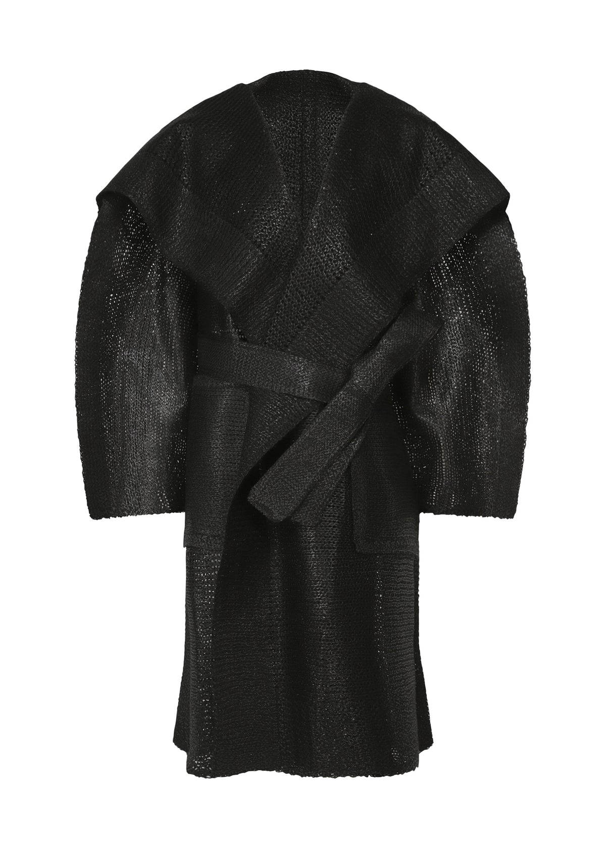A product shot of the ISSEY MIYAKE PANINI PULLED coat in black.