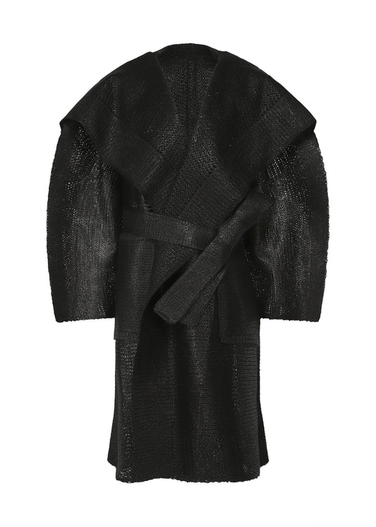 A product shot of the ISSEY MIYAKE PANINI PULLED coat in black.