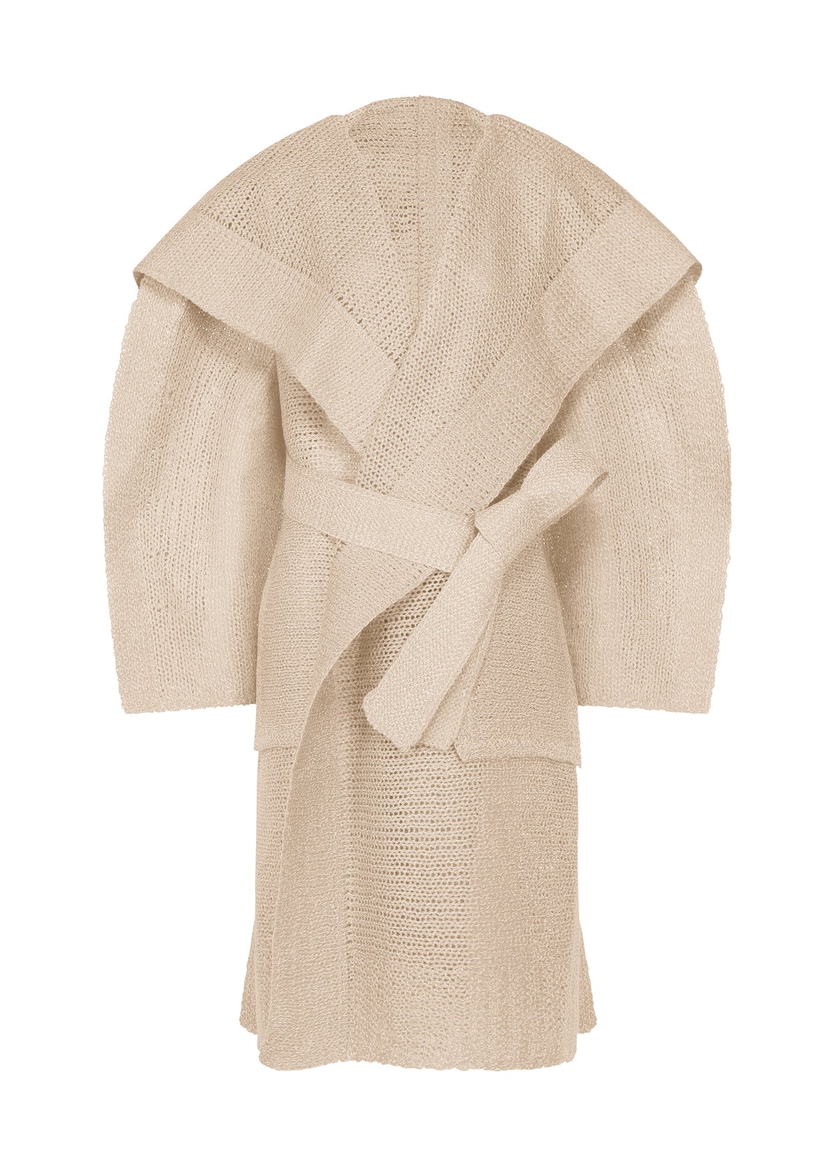 A product shot of the ISSEY MIYAKE PANINI PULLED coat in light beige.