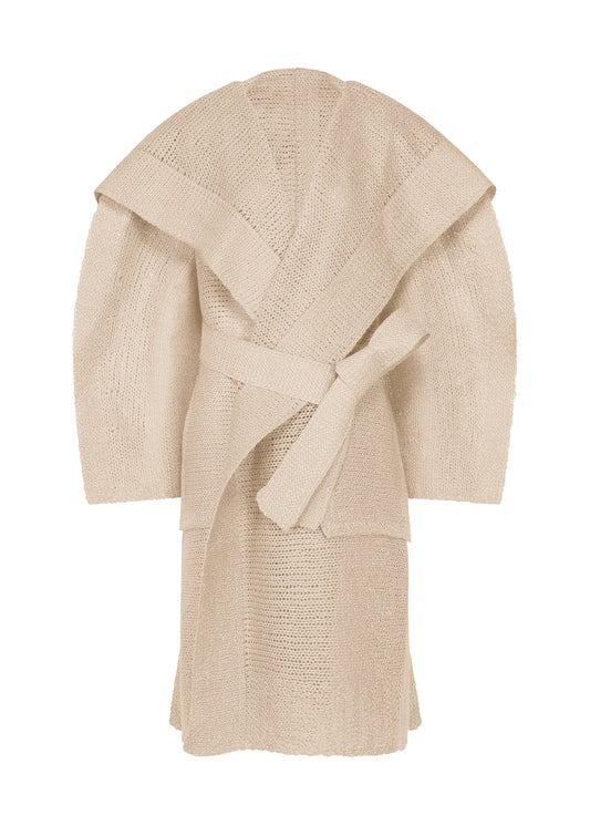 A product shot of the ISSEY MIYAKE PANINI PULLED coat in light beige.