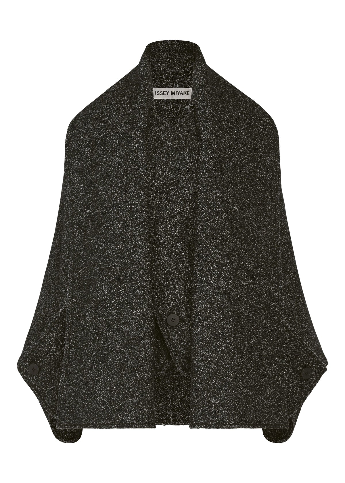A product shot of the ISSEY MIYAKE WOOLEN GRANITE coat in black.