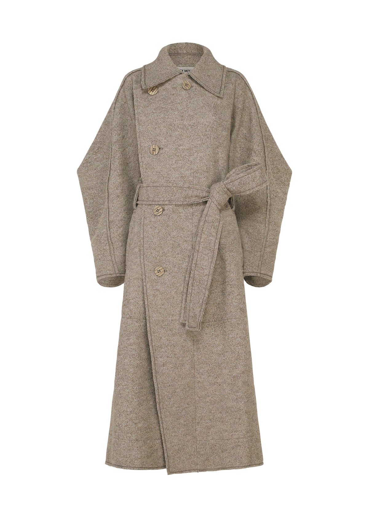 A product shot of the ISSEY MIYAKE WOOLEN GRANITE coat in beige.