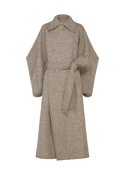 A product shot of the ISSEY MIYAKE WOOLEN GRANITE coat in beige.