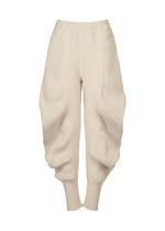 A product shot of the ISSEY MIYAKE FOUND STONE trousers in off-white.
