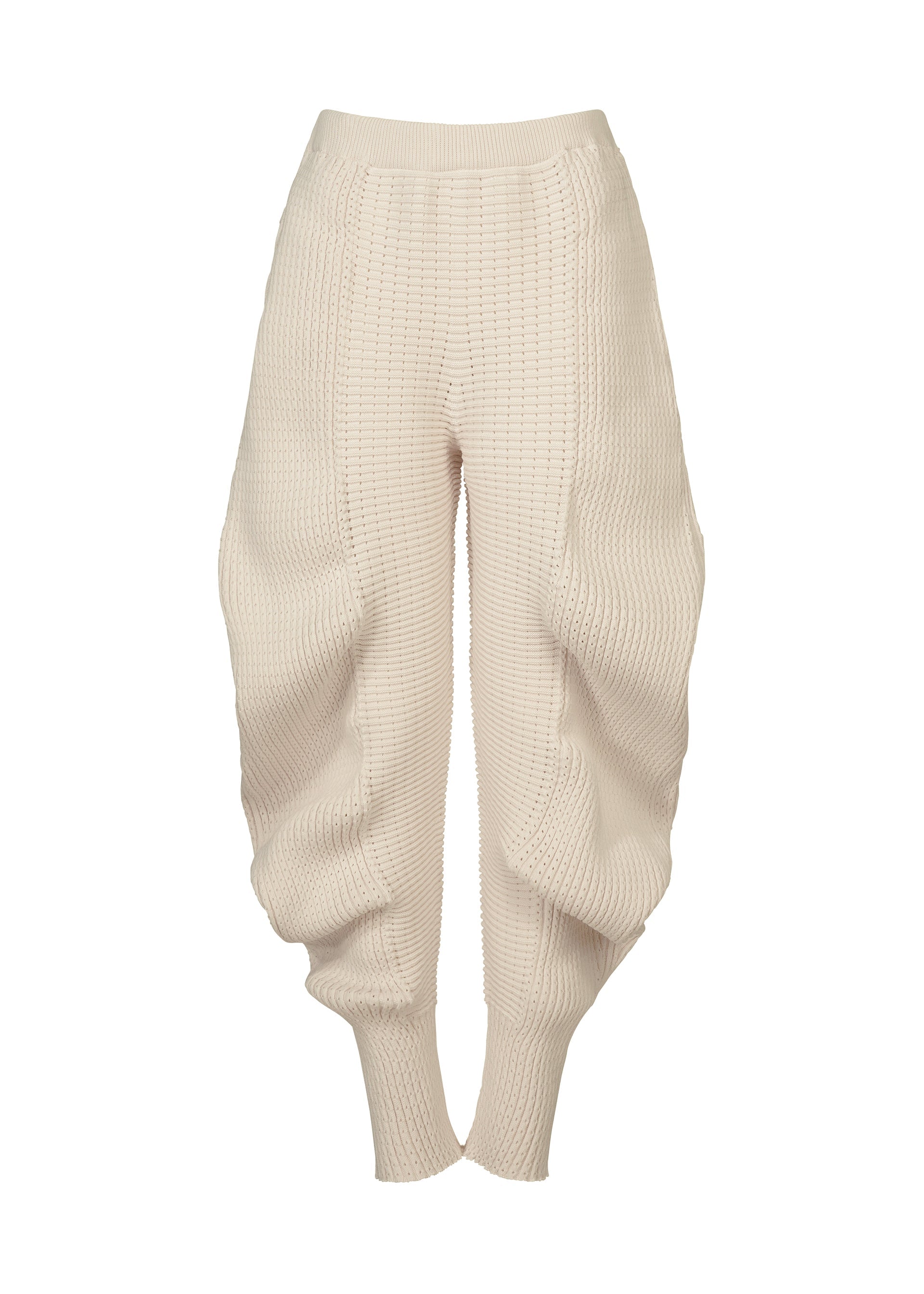 A product shot of the ISSEY MIYAKE FOUND STONE trousers in off-white.