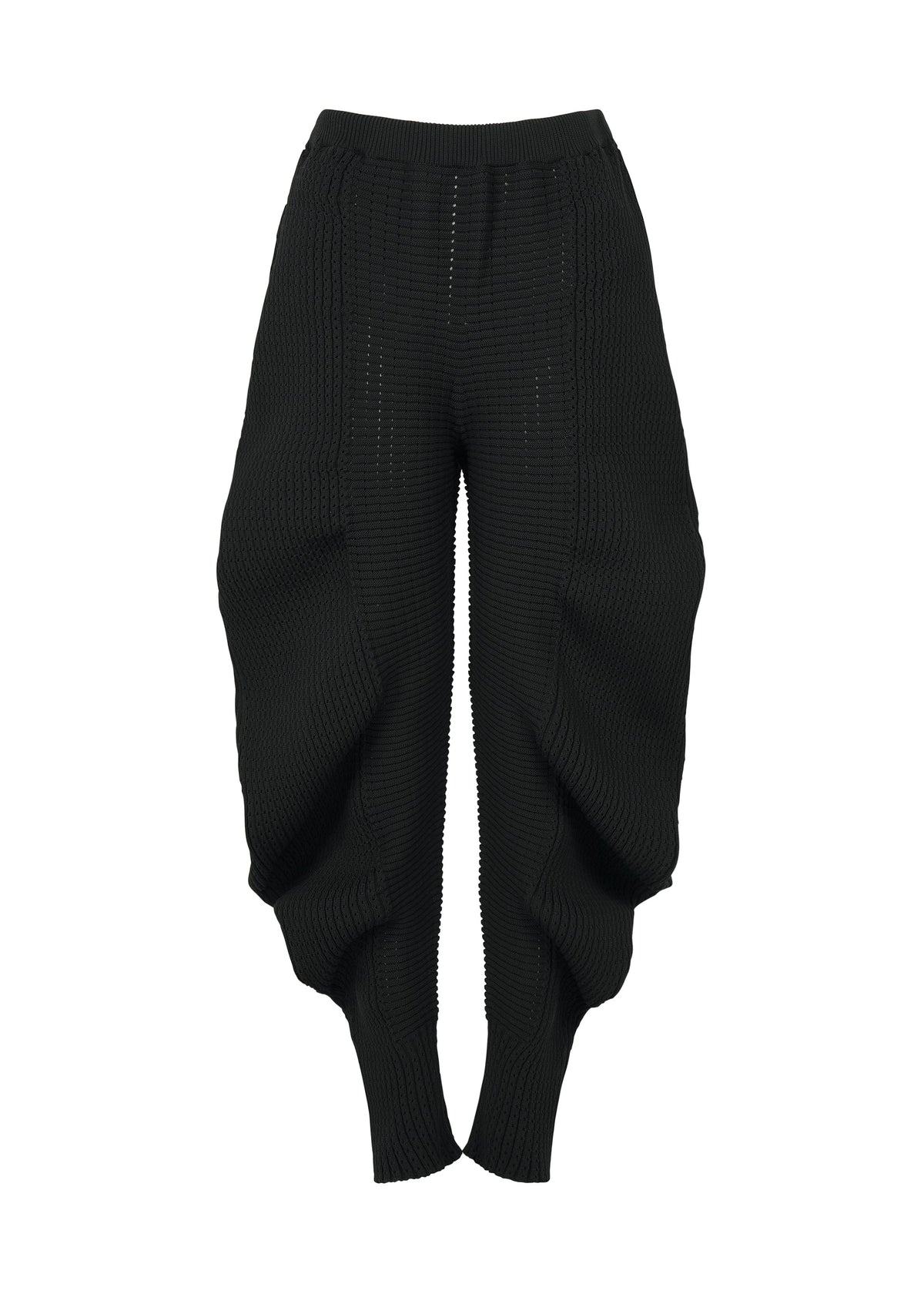 A product shot of the ISSEY MIYAKE FOUND STONE trousers in black.