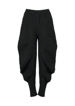 A product shot of the ISSEY MIYAKE FOUND STONE trousers in black.