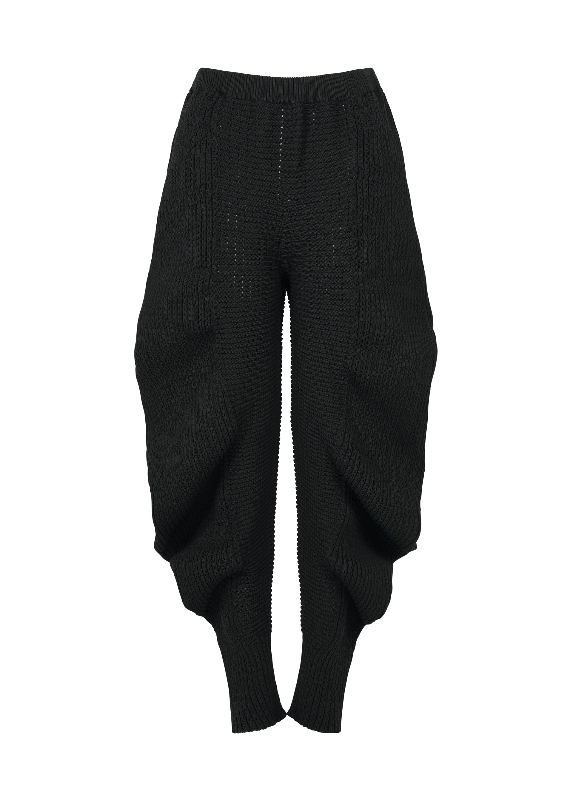 A product shot of the ISSEY MIYAKE FOUND STONE trousers in black.