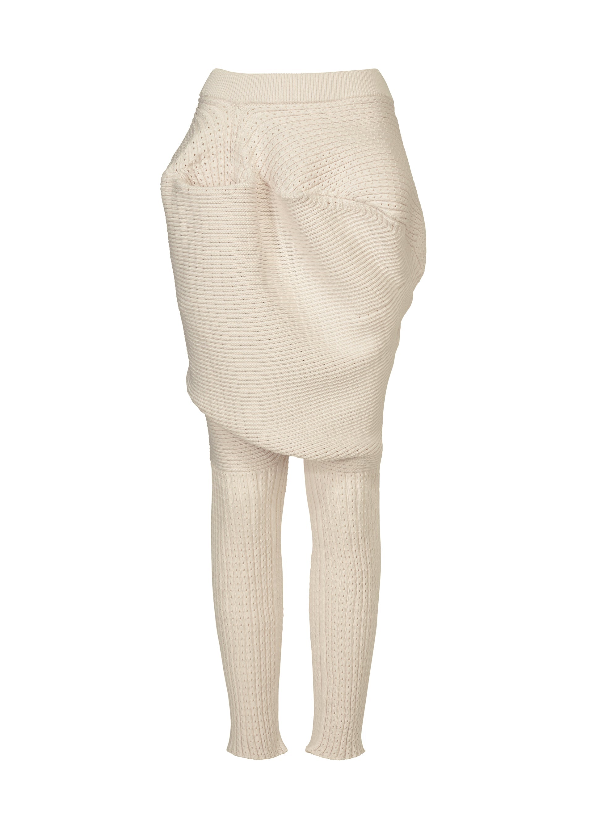 A product shot of the ISSEY MIYAKE FOUND STONE trousers in off-white.