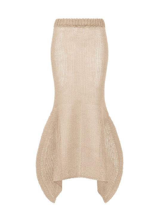A product shot of the ISSEY MIYAKE PANINI PULLED skirt in light beige.