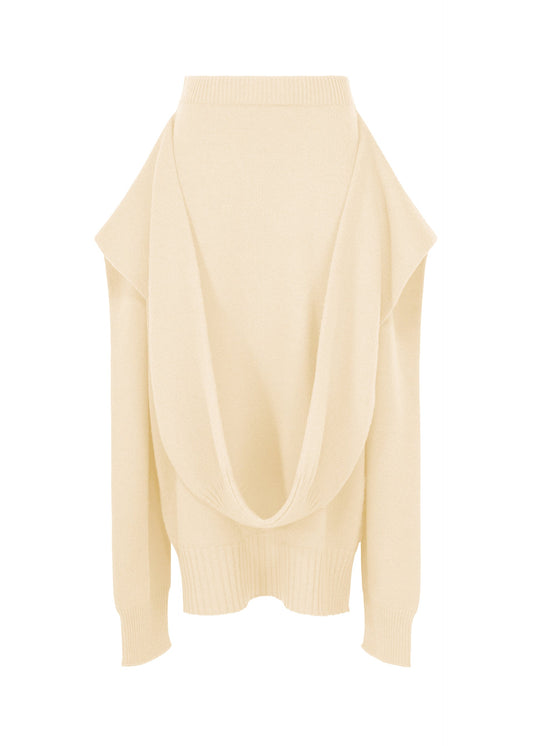 A product shot of the ISSEY MIYAKE O KNIT skirt in off-white.