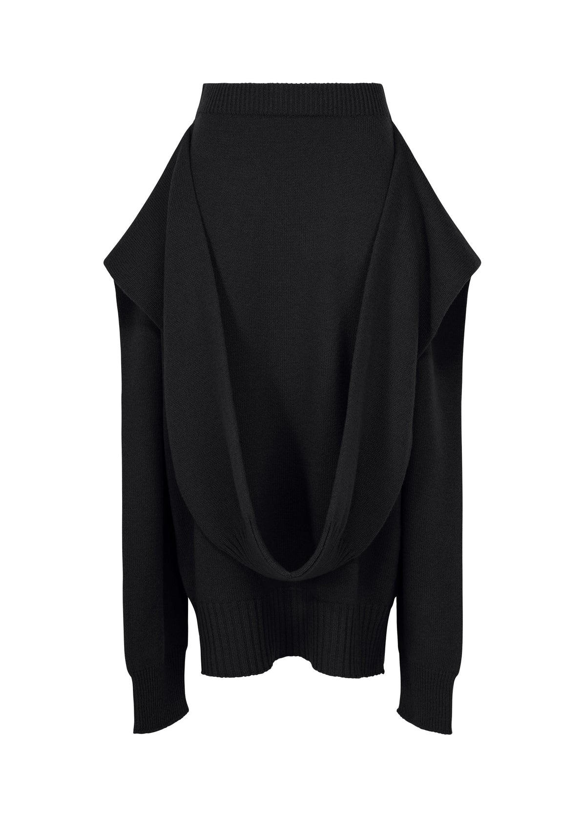 A product shot of the ISSEY MIYAKE O KNIT skirt in black.