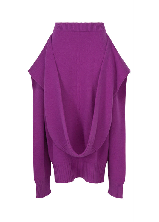 A product shot of the ISSEY MIYAKE O KNIT skirt in purple.