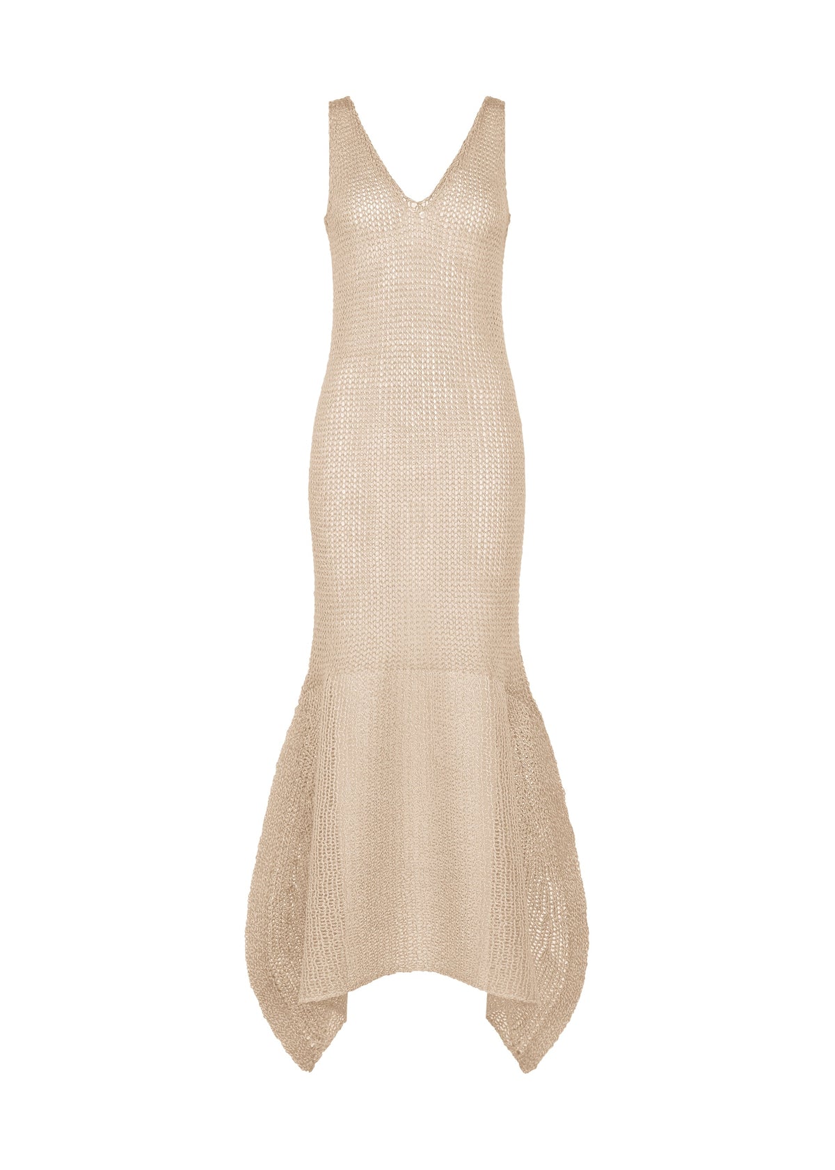 A product shot of the ISSEY MIYAKE PANINI PULLED dress in light beige.