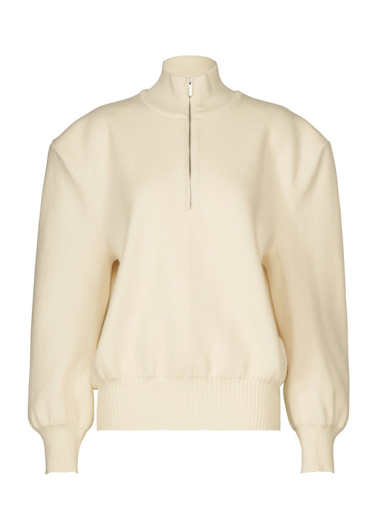 A product shot of the ISSEY MIYAKE HANDSOME KNIT top in off-white.