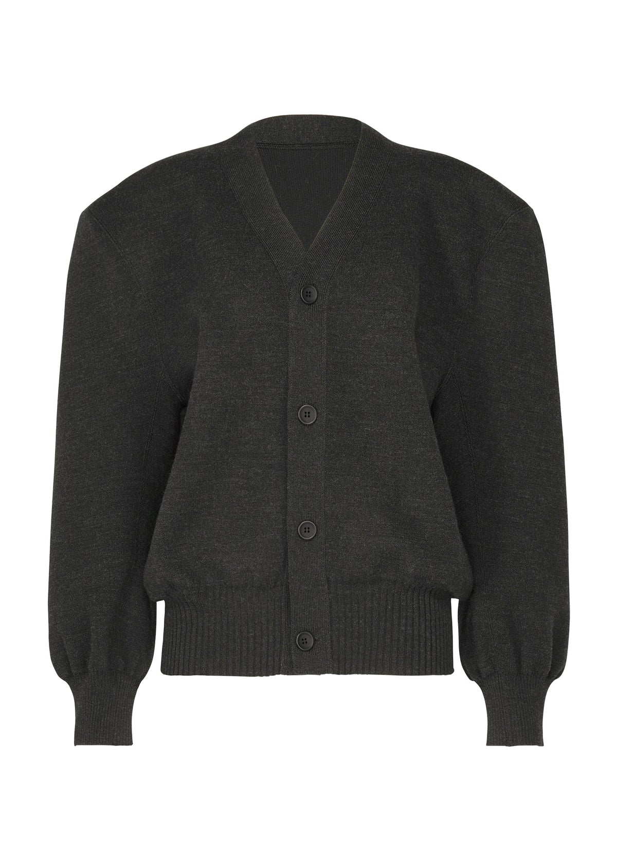 A product shot of the ISSEY MIYAKE HANDSOME KNIT cardigan in black.