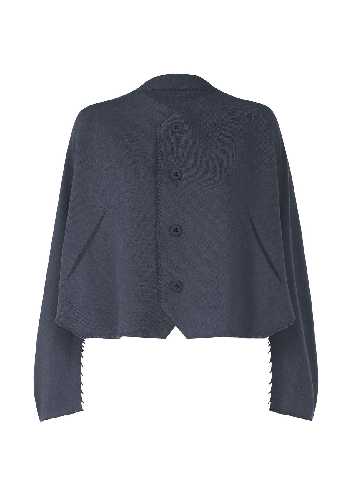 A product shot of the ISSEY MIYAKE CAMPAGNE cardigan in dark navy.