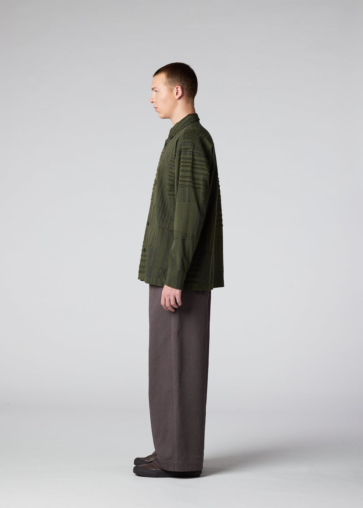 A model wears the IM MEN GEOMETRY JACQUARD SHIRT shirt.