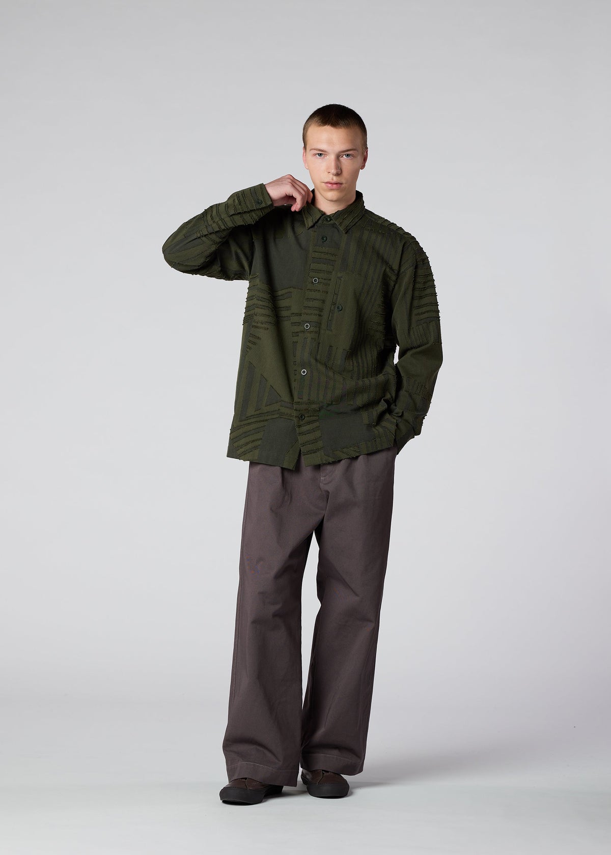 A model wears the IM MEN GEOMETRY JACQUARD SHIRT shirt.