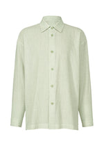 A product shot of the IM MEN STRIPE LINEN SHRINK shirt in sage green (66).