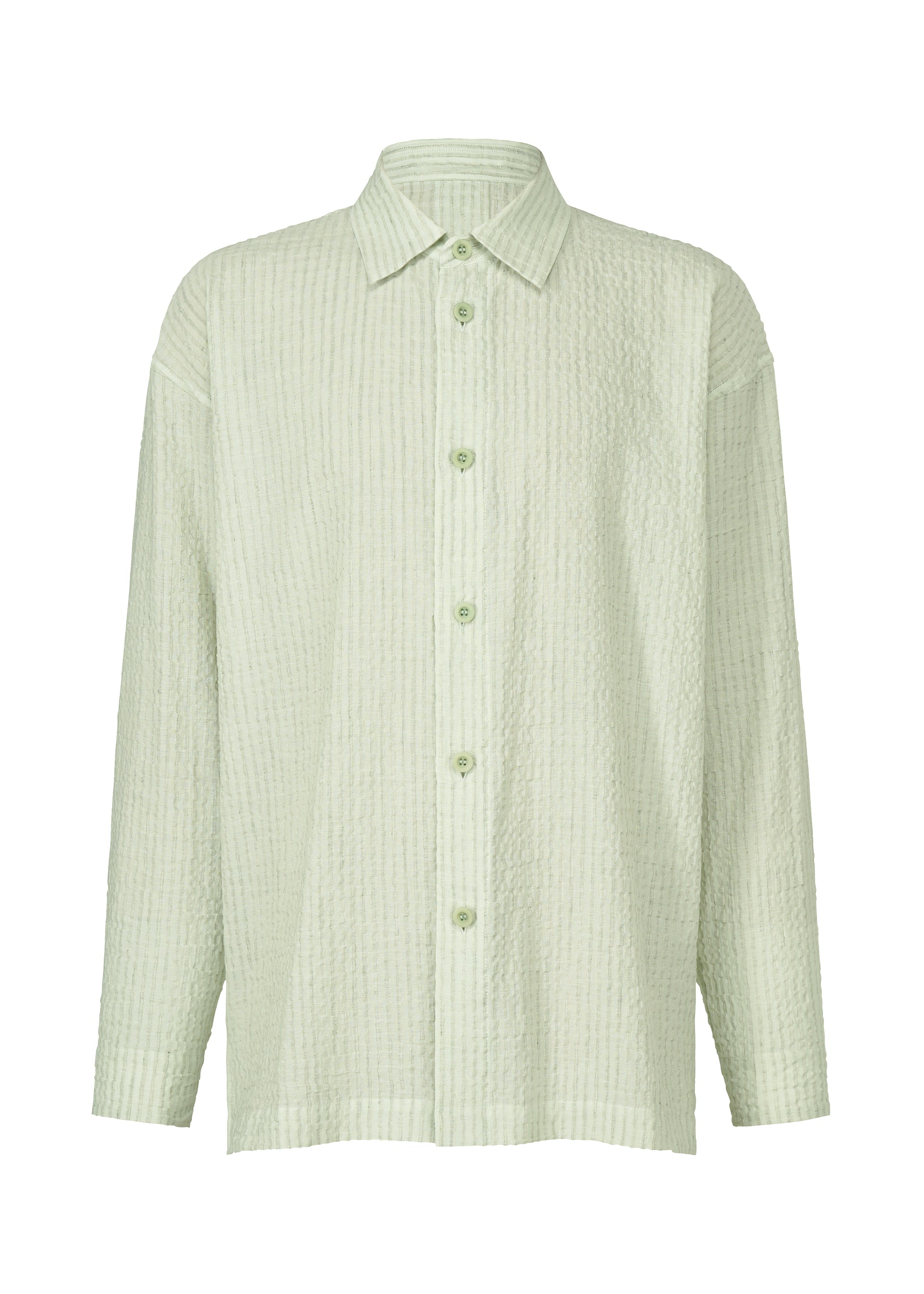 A product shot of the IM MEN STRIPE LINEN SHRINK shirt in sage green (66).