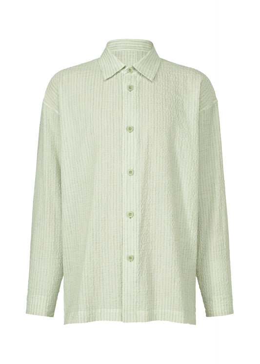 A product shot of the IM MEN STRIPE LINEN SHRINK shirt in sage green (66).