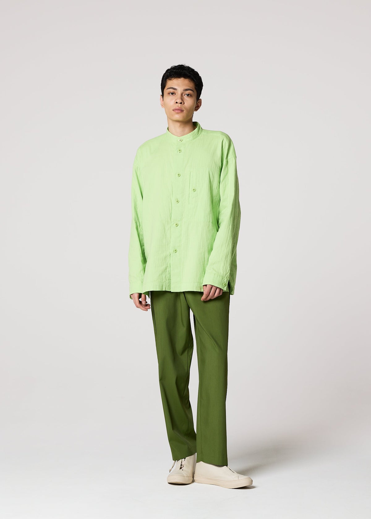 A model wears the IM MEN DOUBLE FACE COTTON SHIRT shirt.