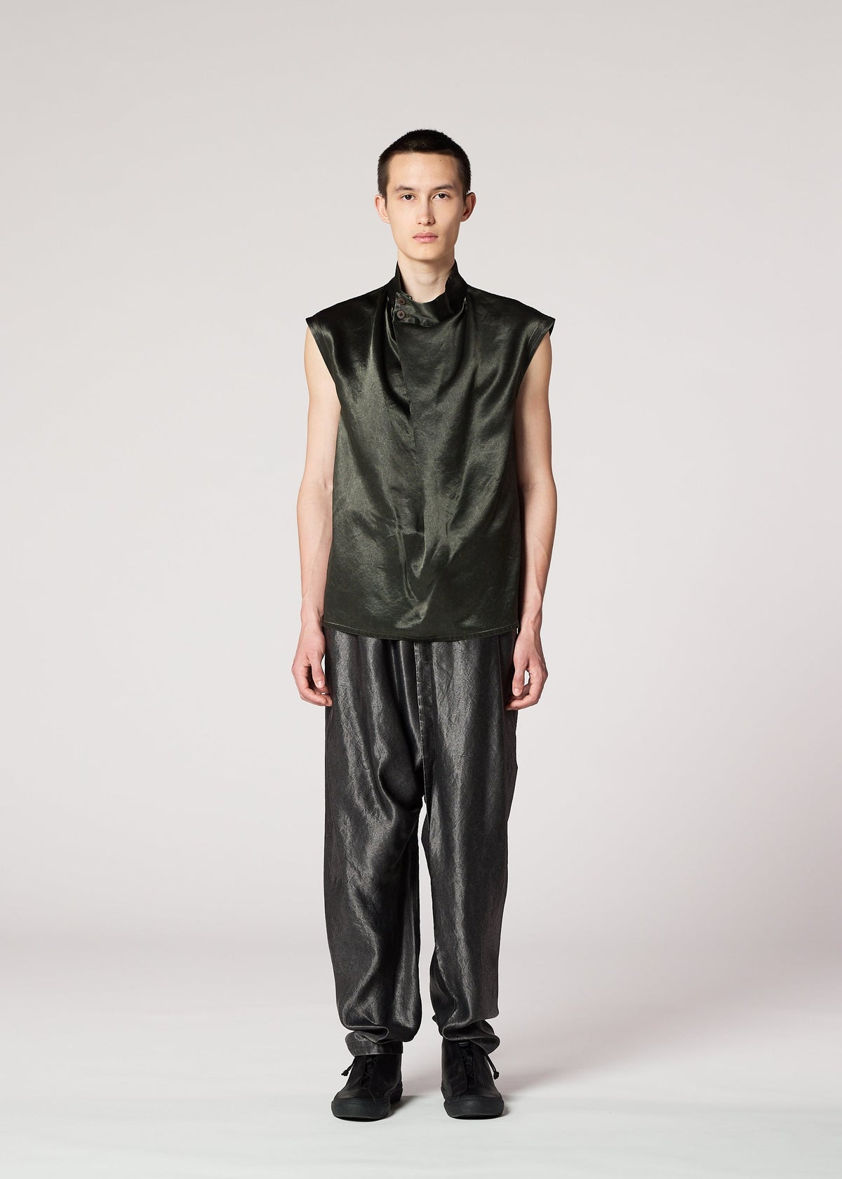 A model wears the IM MEN SATIN WASH top.