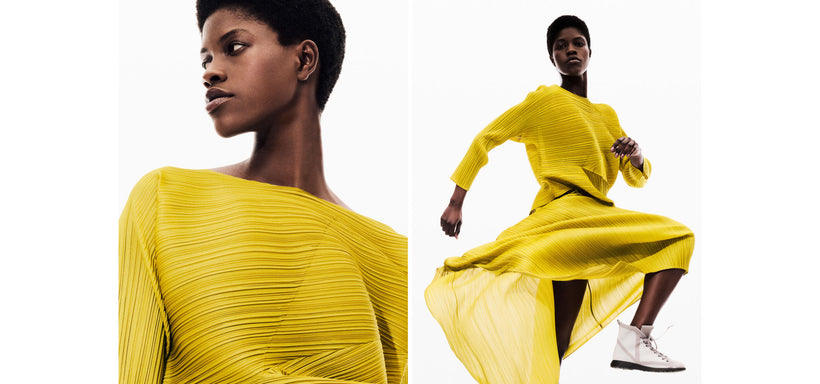 Left: Model wearing SPIN Top in Mustard, close-up against a white background. Right: Model wearing SPIN Top and Skirt in Mustard, dynamic pose against a white background.