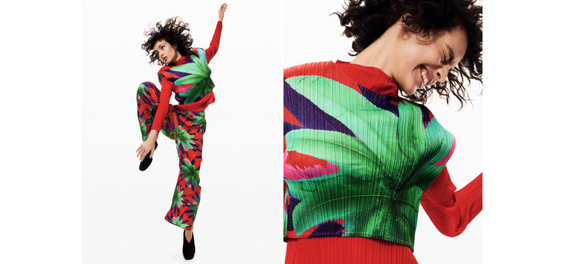 Left: Model wearing CARNIVAL Trousers and Top in Red, and MONTHLY COLORS : NOVEMBER Top in Red, dynamic pose against a white background. Right: Model wearing CARNIVAL Top in Red and MONTHLY COLORS : NOVEMBER Top in Red, close-up against a white background.