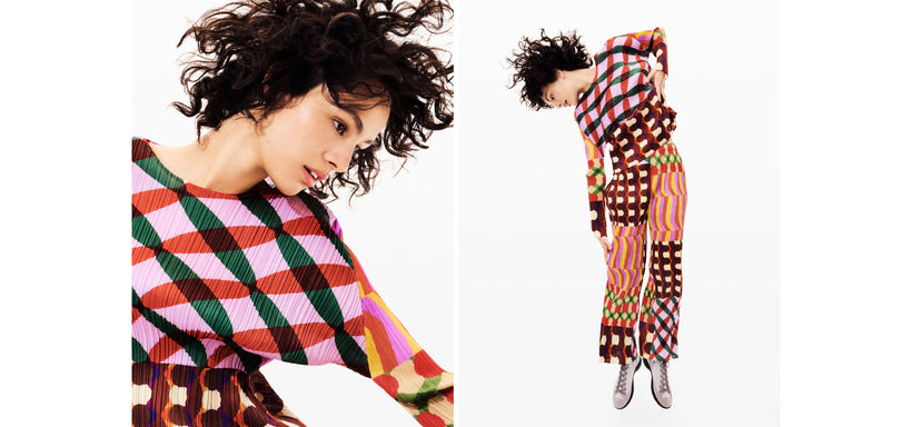 Left: Model wearing HARMONY Top in Pink, close-up against a white background. Right: Model wearing HARMONY Top and Trousers in Pink, dynamic pose against a white background.