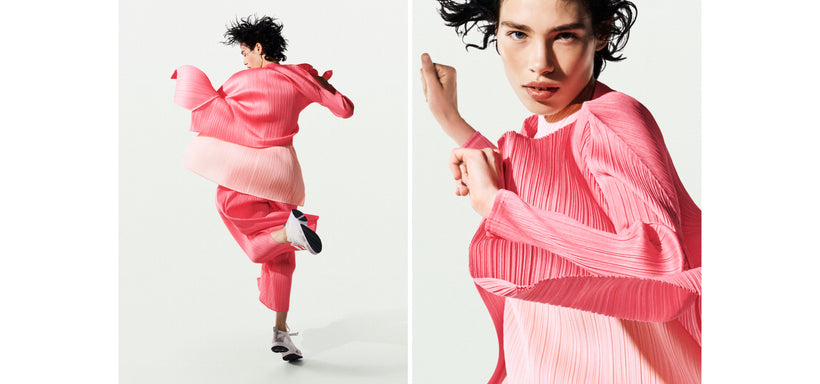 Left: Model wearing MONTHLY COLORS : MARCH Cardigan and Trousers in Pink, and MONTHLY COLORS : MARCH Top in Light Pink, dynamic pose against a light grey background. Right: Model wearing MONTHLY COLORS : MARCH Cardigan in Pink and MONTHLY COLORS : MARCH Top in Light Pink, dynamic pose against a light grey background. 