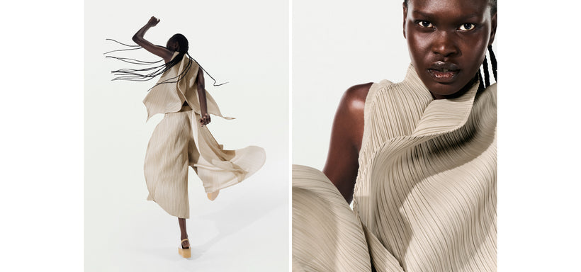 Left: Model wearing LEAF Top and Trousers in Greige, dynamic pose against a light grey background. Right: Model wearing LEAF Top in Greige, dynamic pose against a light grey background.