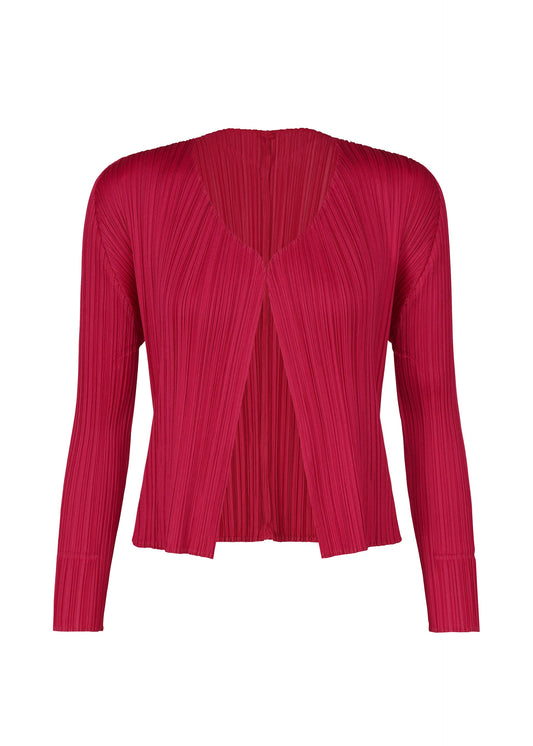 A product shot of the PLEATS PLEASE ISSEY MIYAKE NEW COLORFUL BASICS 4 cardigan in carmine (23).