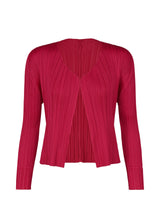 A product shot of the PLEATS PLEASE ISSEY MIYAKE NEW COLORFUL BASICS 4 cardigan in carmine (23).