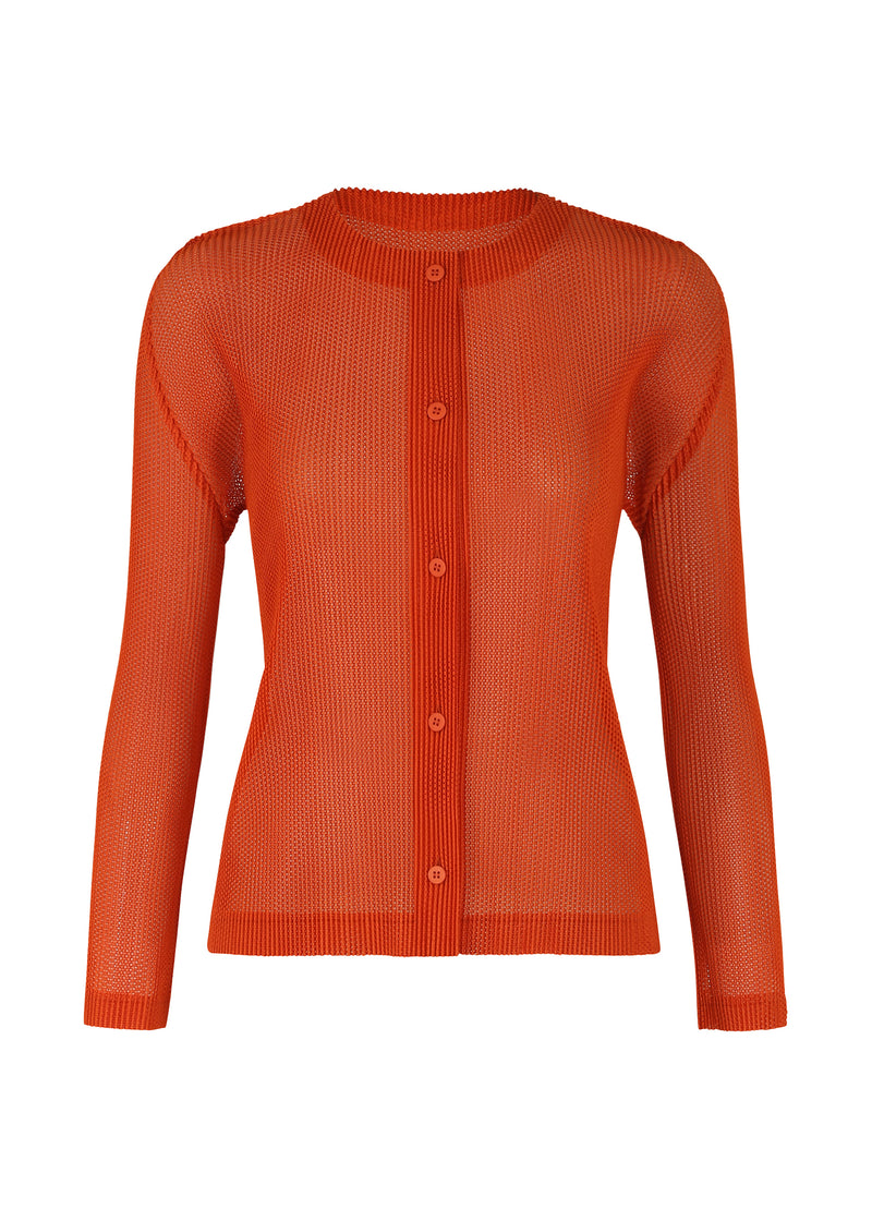 A product shot of the PLEATS PLEASE ISSEY MIYAKE  TATAMI JULY cardigan in terracotta (45)